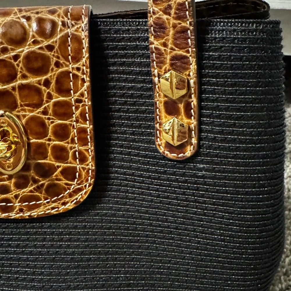 Eric Javits Black Island Tote Bag with Brown Croc-Trim and Gold Hardware - Picture 7 of 12